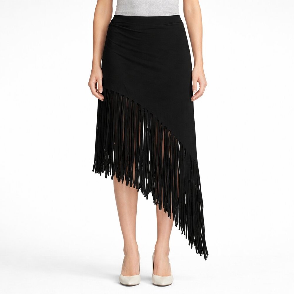INC International Concepts Asymmetrical Fringe Skirt Black Large